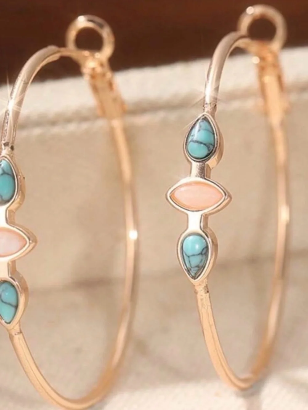 Gold Hoop Earrings with Turquoise and Peach Stone Accents